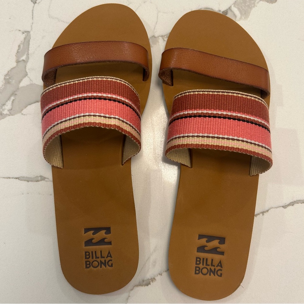 Woman’s Sz. 9 (Euro 40)Billabong Tan and Pink Slide Sandals Leather Strap/Canvas